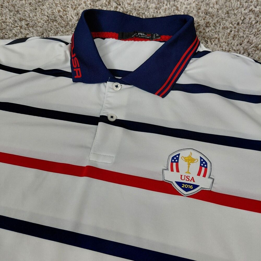 Polo Ryder Cup RLX Ralph Lauren Shirt Mens 2XL White Navy Stripe 2016 USA Golf